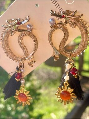 Hand Crafted Gold Dragon Earrings with Black Tassels and Orange Sun Charms